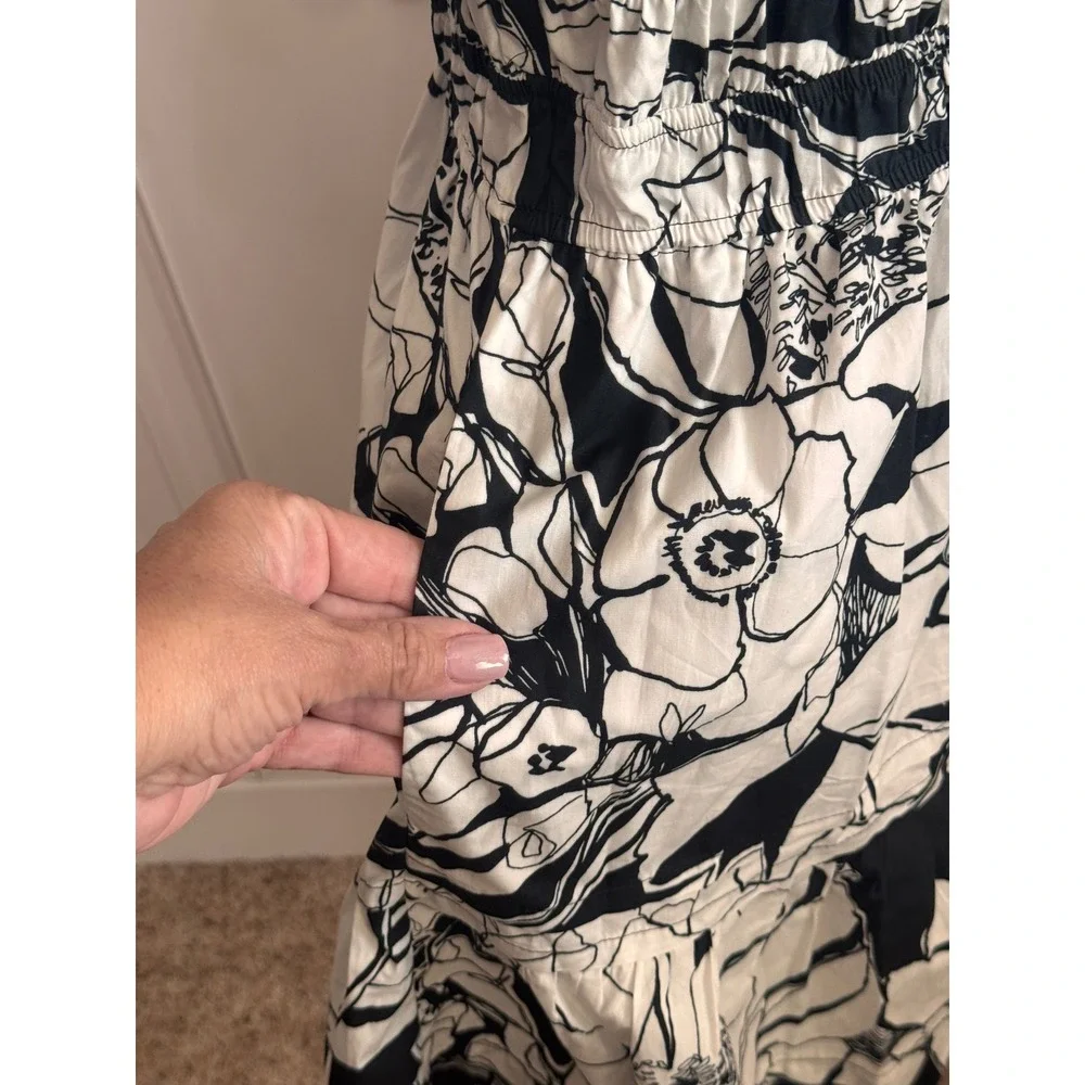 Anthropologie Somerset Dress Black White Floral Smocked Petite XL P Cotton Mini - Picture 4 of 8
